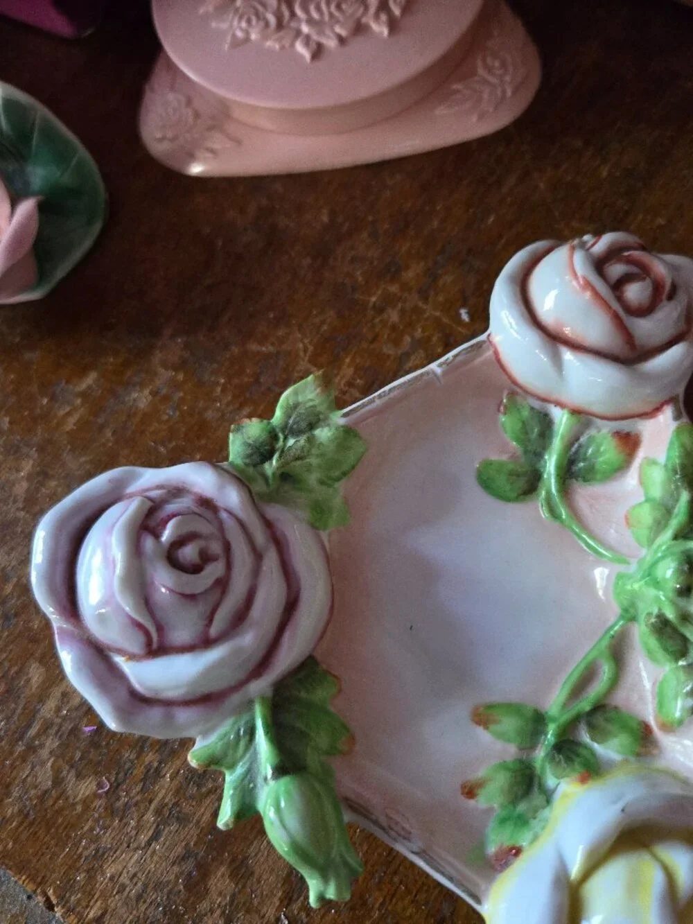 Vintage German Porcelain Rose Trinket Dish & Wall Hanging Art Cottagecore